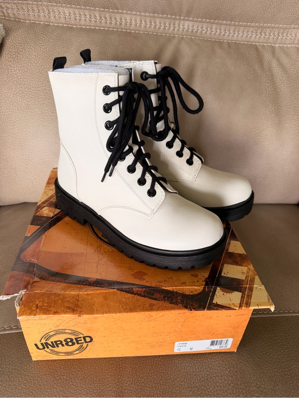 UNR8ED Women's Cream Lace-Up Combat Boots with Black Sole